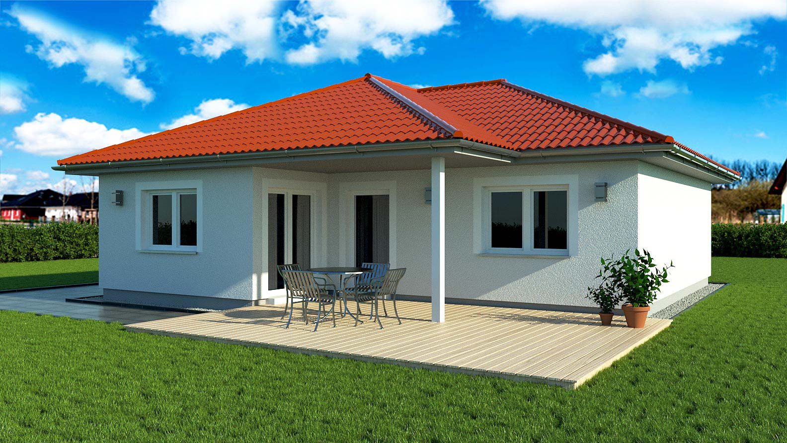 EWA-Bungalow-Amrum-96qm-Massivhausbau-Leipzig-Halle-Wittenberg-Rückansicht-rotes-Dach EWA-Bungalow Amrum 96qm Massivhausbau Leipzig Halle Wittenberg Rückansicht rotes Dach