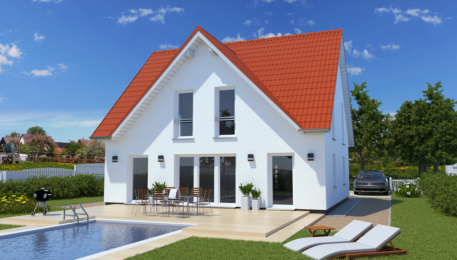 EWA-Landhaus-Teltow-164qm-Hausbau-Berlin-Brandenburg-Potsdam-Rückansicht-rotes-Dach-weiße-Fensterrahmen EWA-Landhaus Teltow 164qm Hausbau Berlin Brandenburg Potsdam Rückansicht rotes Dach weiße Fensterrahmen