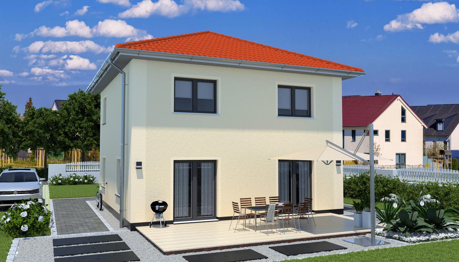 EWA-Stadtvilla Magdeburg 130qm Hausbau Berlin Brandenburg Magdeburg Rückansicht rotes Dach
