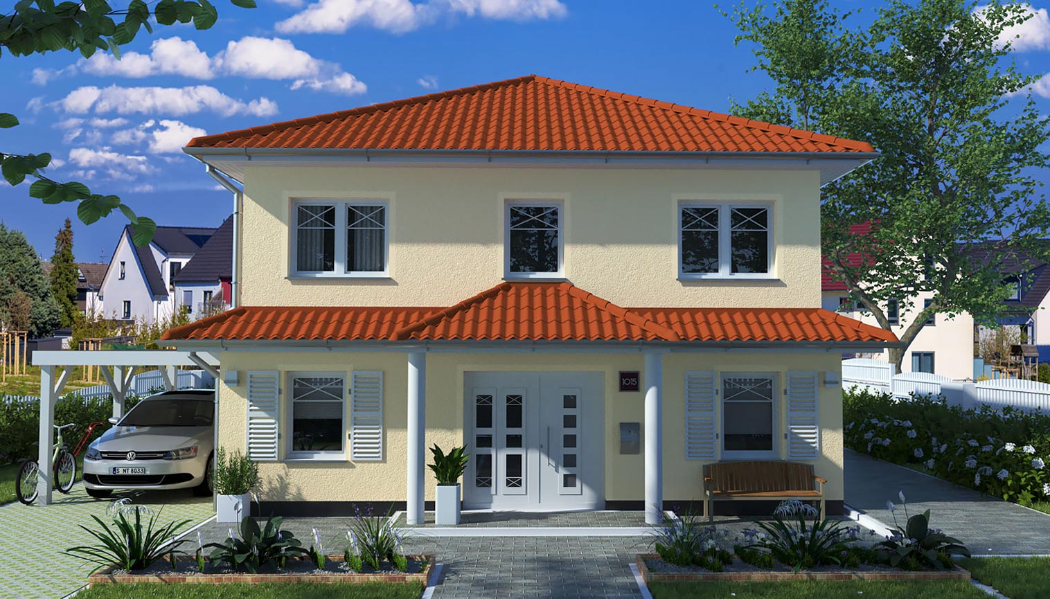 EWA-Stadtvilla-Mediterran-151qm-Hausbau-Berlin-Brandenburg-Potsdam-Vorderansicht EWA-Stadtvilla Mediterran 151qm Hausbau Berlin Brandenburg Potsdam Vorderansicht