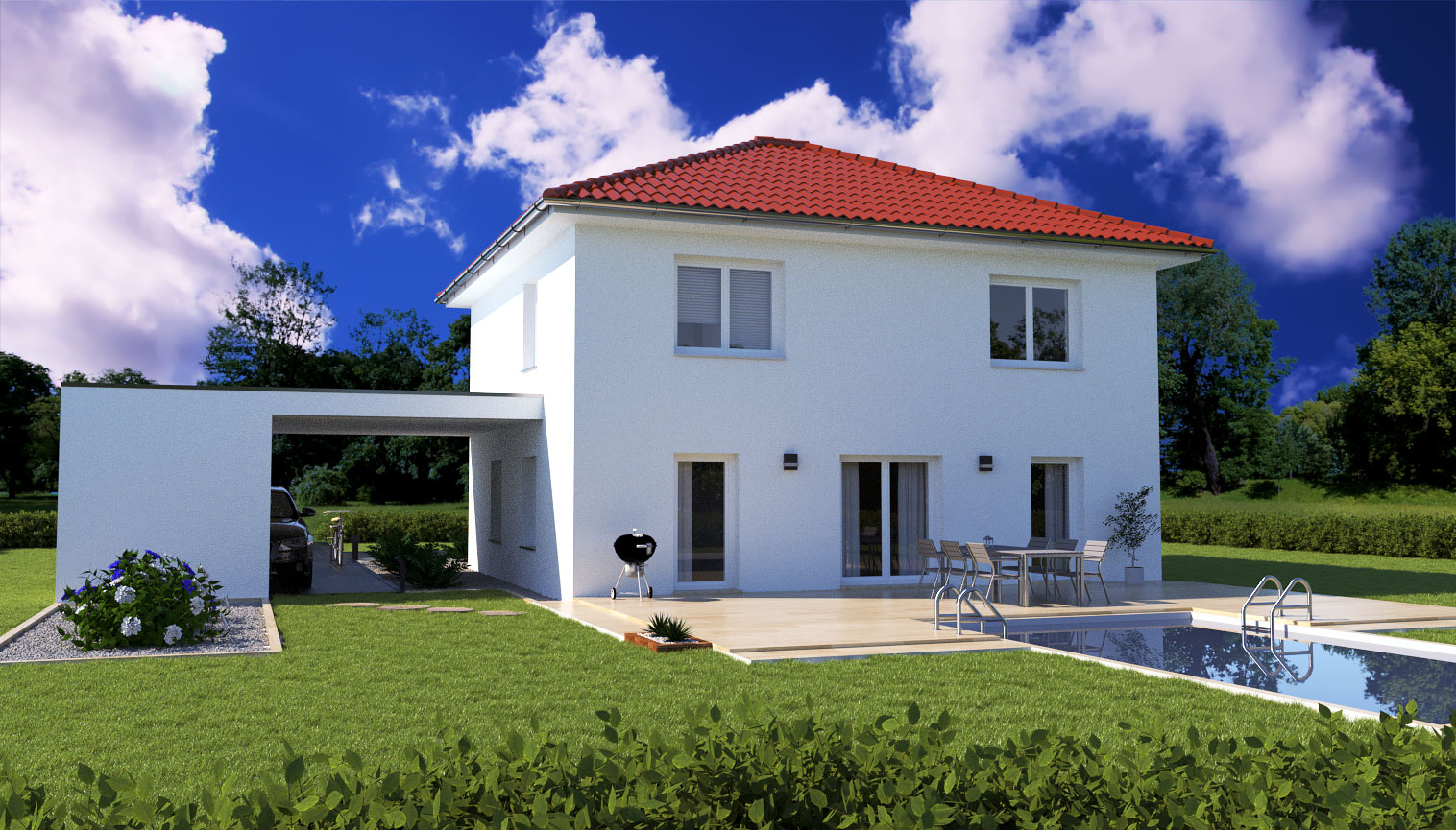 EWA-Stadtvilla-Potsdam-143qm-Hausbau-Berlin-Brandenburg-Potsdam-Rückansicht-rotes-Dach EWA-Stadtvilla Potsdam 143qm Hausbau Berlin Brandenburg Potsdam Rückansicht rotes Dach